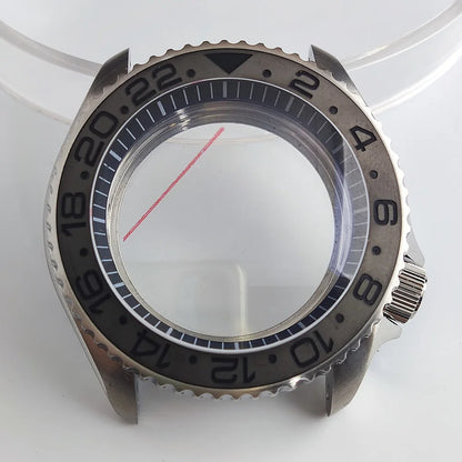 Black matte 41.5mm stainless steel watch case with ceramic bezel, sapphire glass, waterproof, fits NH35 NH36 movements by Case.