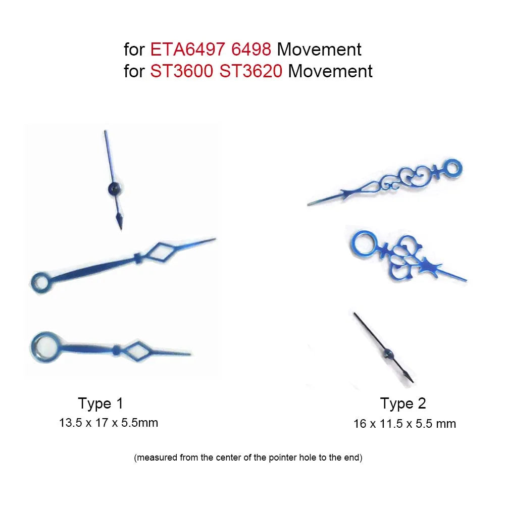 Modified Blue Watch Hands Pointers for ETA 6497 6498 / ST3600 ST3620 Movements
