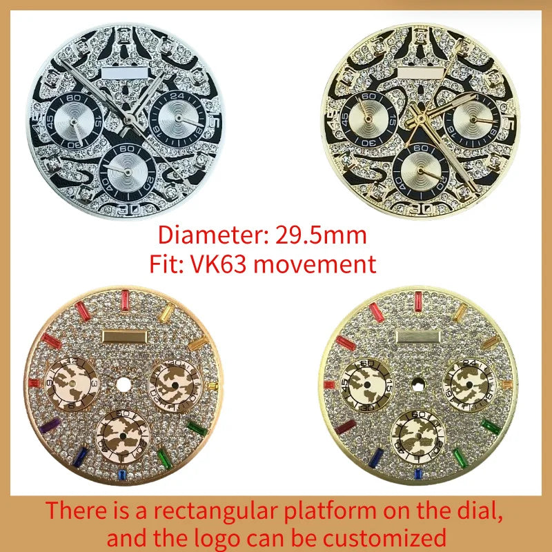 29.5mm Embedded Diamond Watch Dial for VK63 Quartz Watch For Dtn 39mm Case