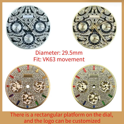 29.5mm Embedded Diamond Watch Dial for VK63 Quartz Watch For Dtn 39mm Case