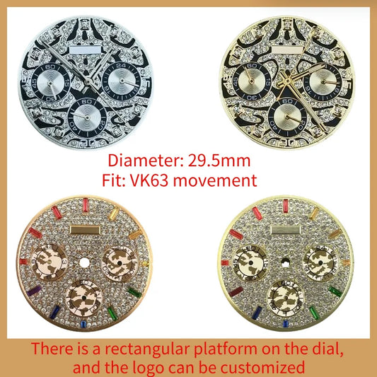 29.5mm Embedded Diamond Watch Dial for VK63 Quartz Watch For Dtn 39mm Case