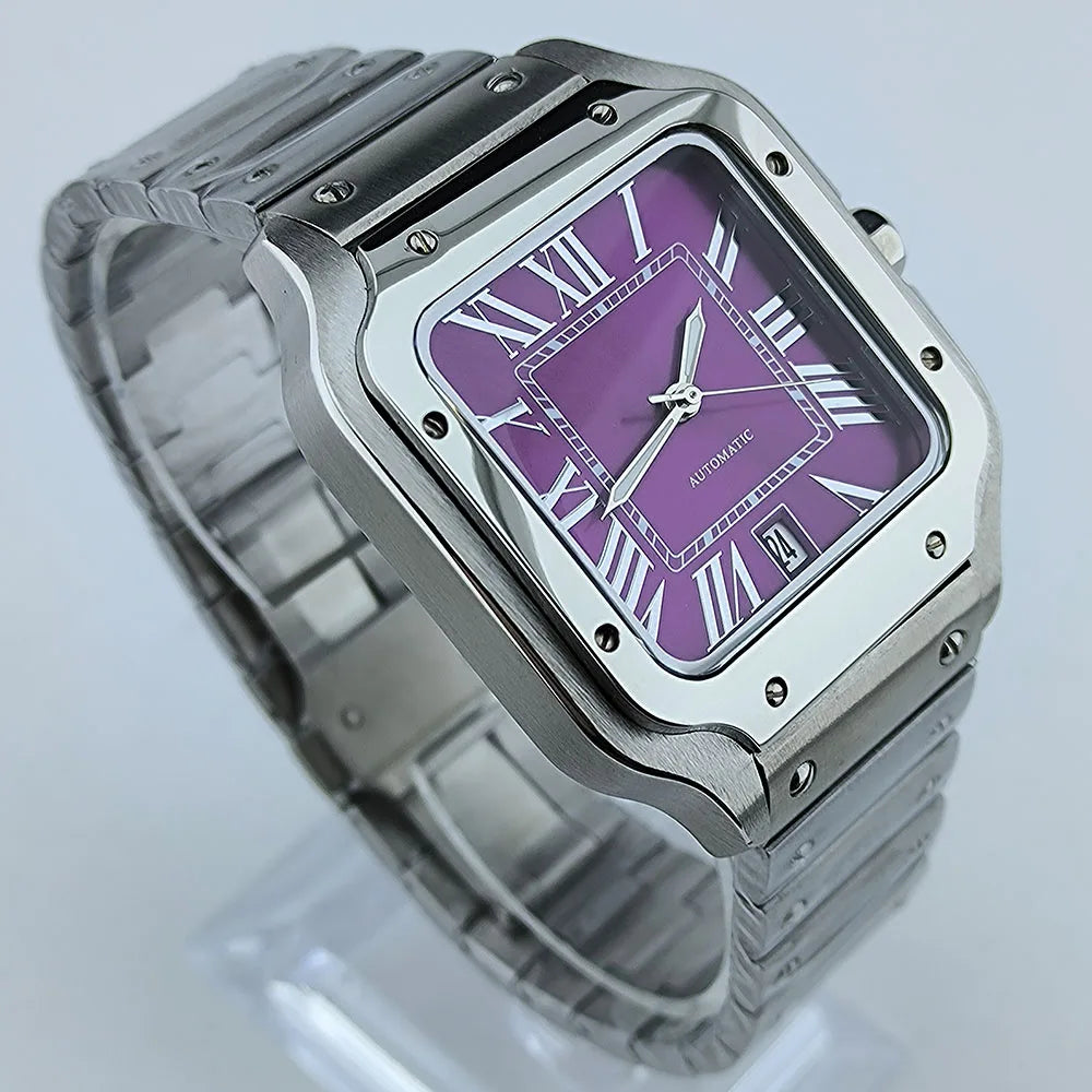 Purple Roma Square Dial Watch Case Folding Buckle Square Case fit NH35 NH36