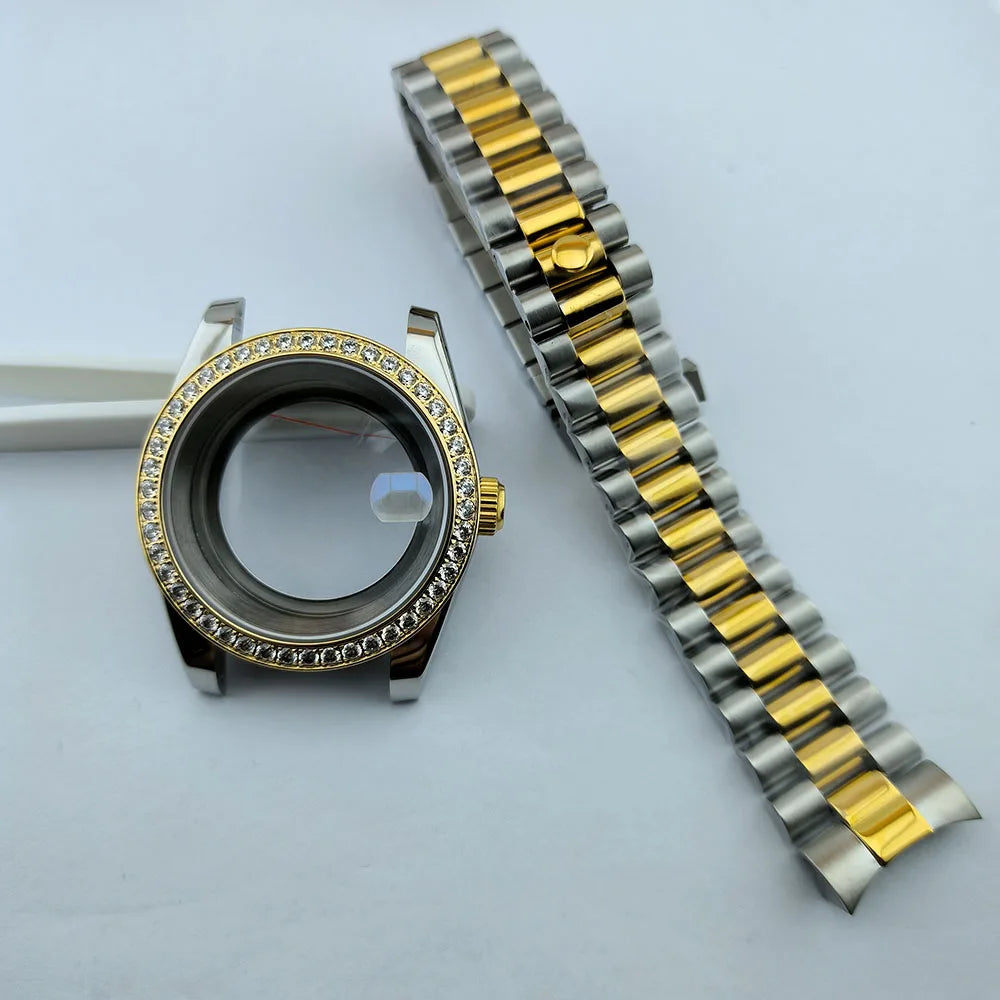 Diamond Decorated Steel Watch Case with Sapphire Glass Waterproof Fit NH35/NH36