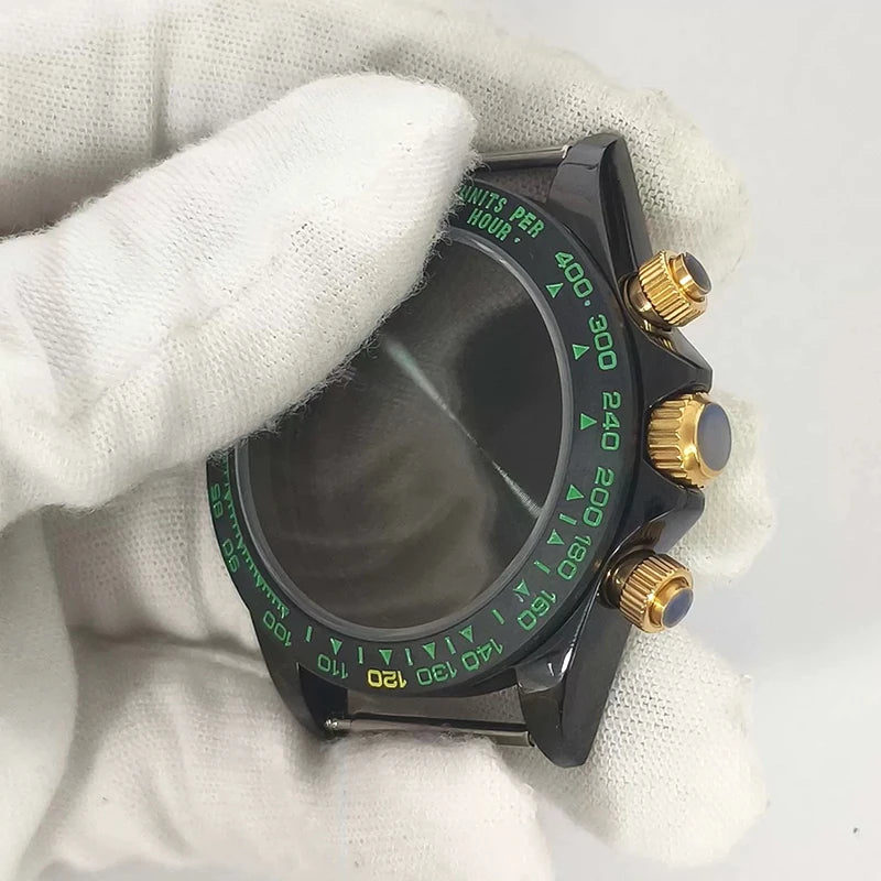 316L Steel 39mm VK63 Gold-Green Watch Case Sapphire Glass Ceramic Bezel Fit VK63