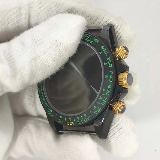316L Steel 39mm VK63 Gold-Green Watch Case Sapphire Glass Ceramic Bezel Fit VK63