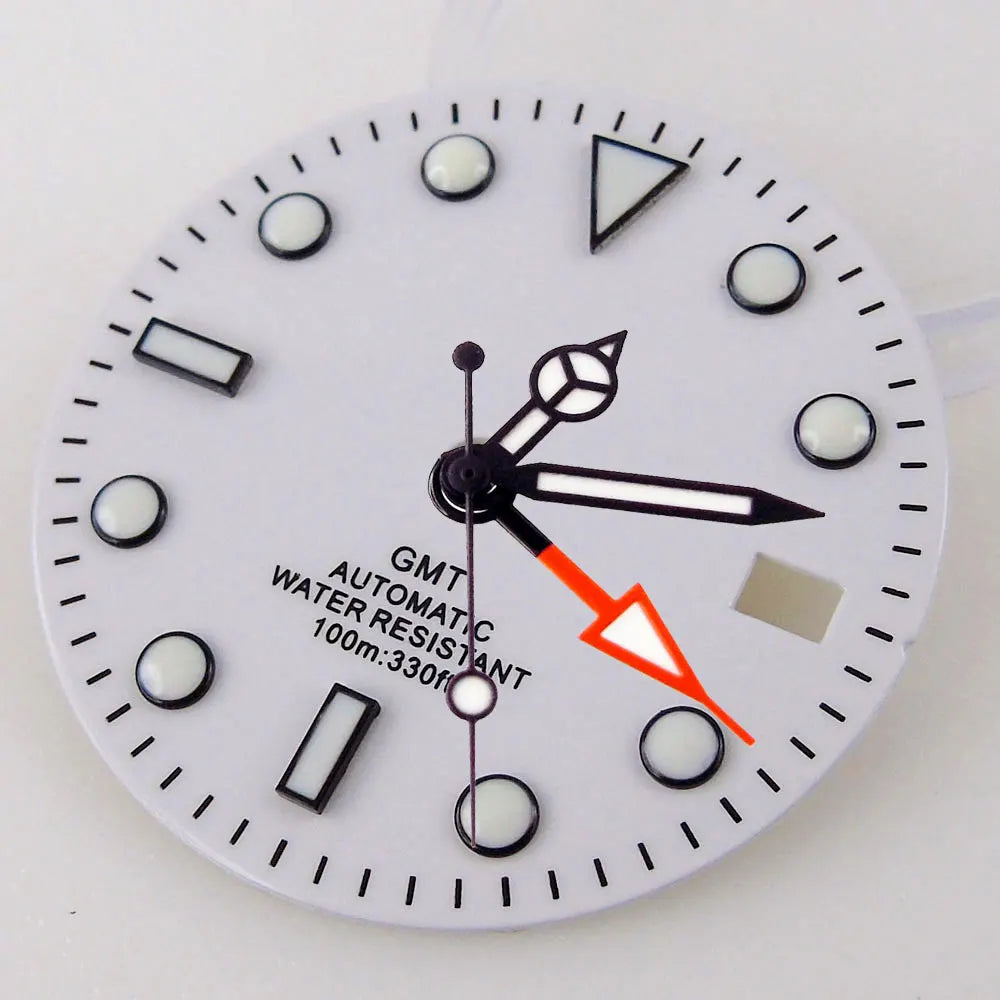 Nologo Sterile 29mm white NH34A watch dial for diver GMT mod, black edge markers, orange hands.