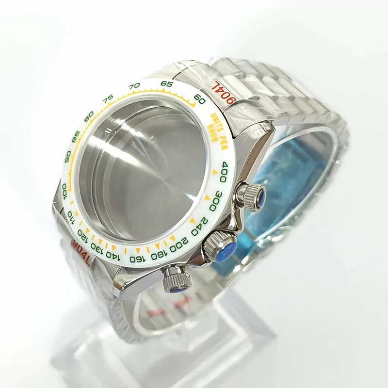 316L Steel 39mm Case+Strap+Bezel Sapphire Glass Ceramic/Steel Bezel Fit VK63