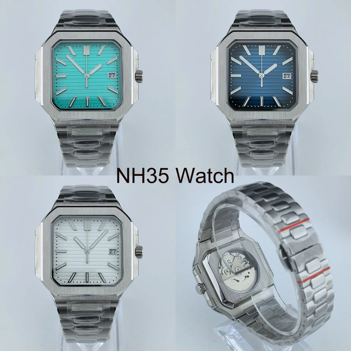 38.5mm Square Watch Case Folding Clasp WatchBand Fit NH35 NH38 Sapphire Crystal