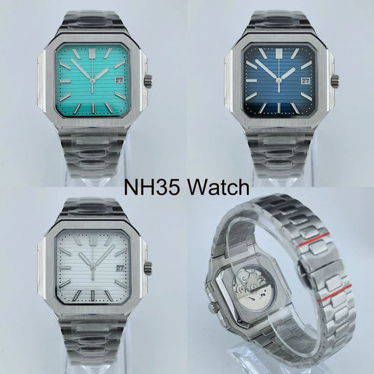 38.5mm Square Watch Case Folding Clasp WatchBand Fit NH35 NH38 Sapphire Crystal