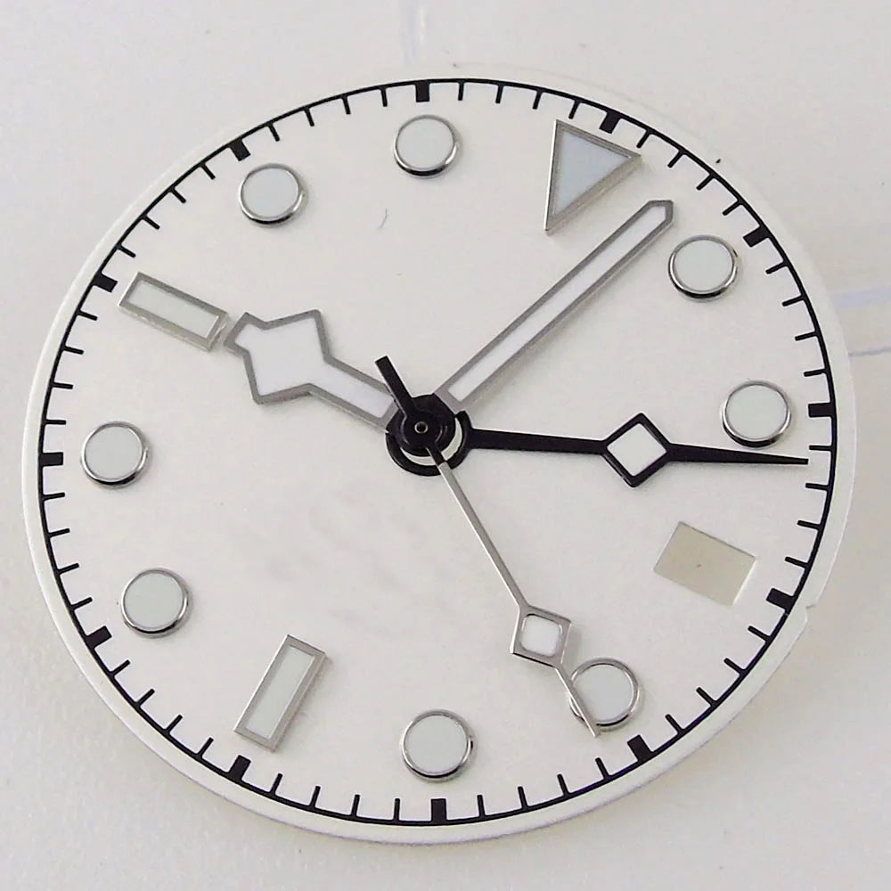 3/3.8 clock Nologo NH34 watch dial, 29mm white and blue steel plate with green luminous snowflake hand for GMT mod