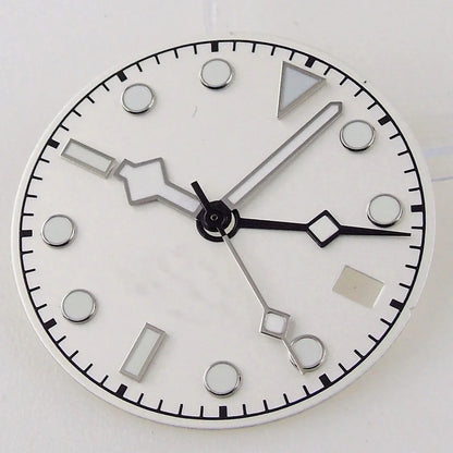 3/3.8 clock Nologo NH34 watch dial, 29mm white and blue steel plate with green luminous snowflake hand for GMT mod