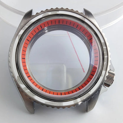 Black matte 41.5mm stainless steel watch case with ceramic bezel, sapphire glass, waterproof, fits NH35 NH36 movements by Case.