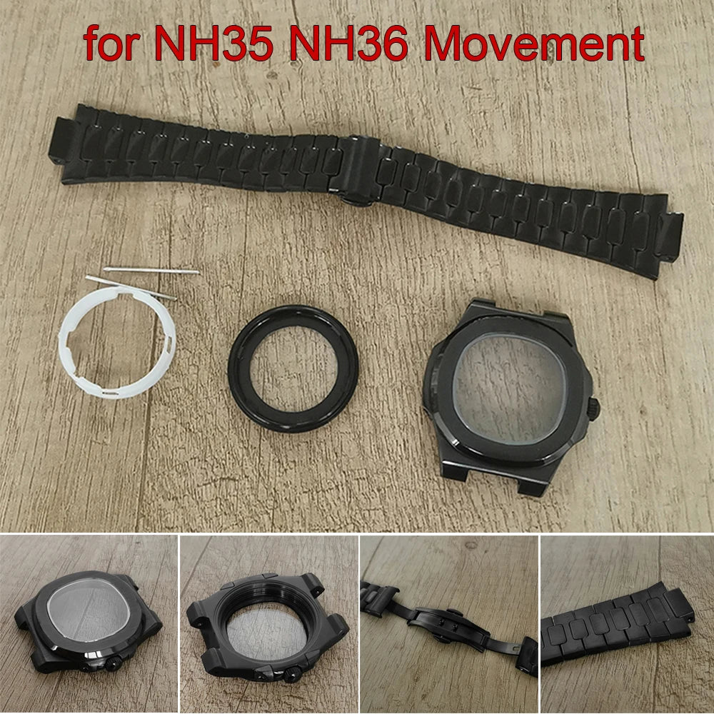 41mm Watch Case Band Set Sapphire Glass Transparent Bottom Strap for NH35 NH36