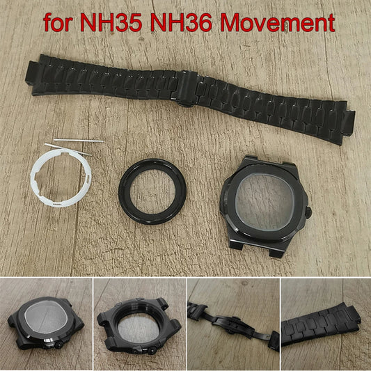 41mm Watch Case Band Set Sapphire Glass Transparent Bottom Strap for NH35 NH36