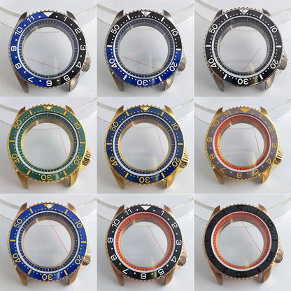 Plane sapphire glass watch case with ceramic bezel, stainless steel, fits NH35/NH36 movement, waterproof design.
