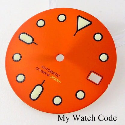 Sunburst orange 29mm dial with luminous markers for SKX mod, compatible with NH35 NH36 movement, crown at 3.8,.