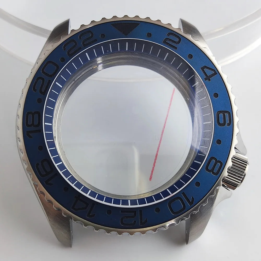 Black matte 41.5mm stainless steel watch case with ceramic bezel, sapphire glass, waterproof, fits NH35 NH36 movements by Case.