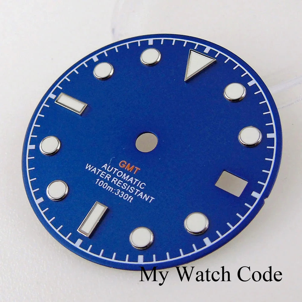3/3.8 clock Nologo NH34 watch dial, 29mm white and blue steel plate with green luminous snowflake hand for GMT mod