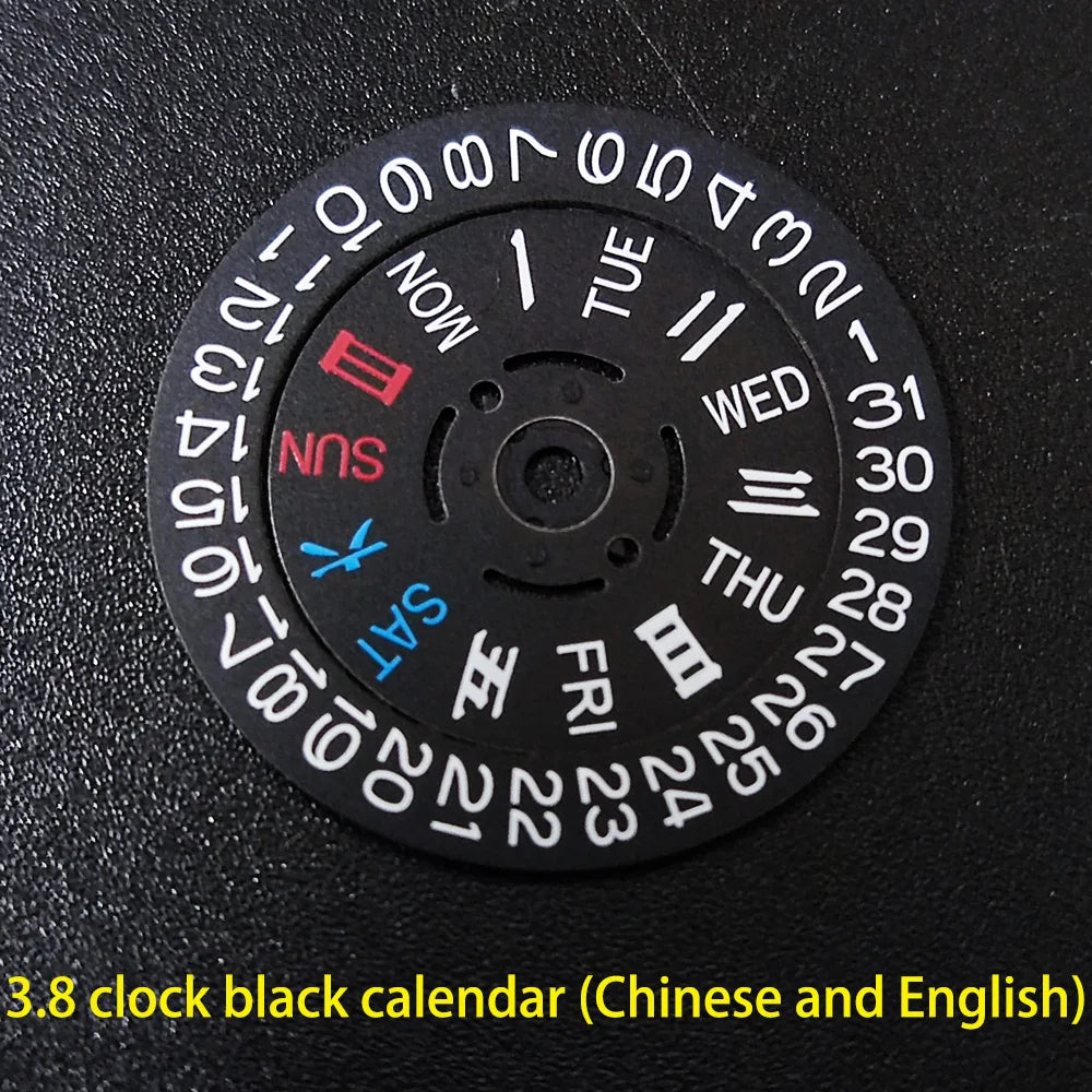 NH36 watch movement with hand-held calendar date disc wheel and day match features.