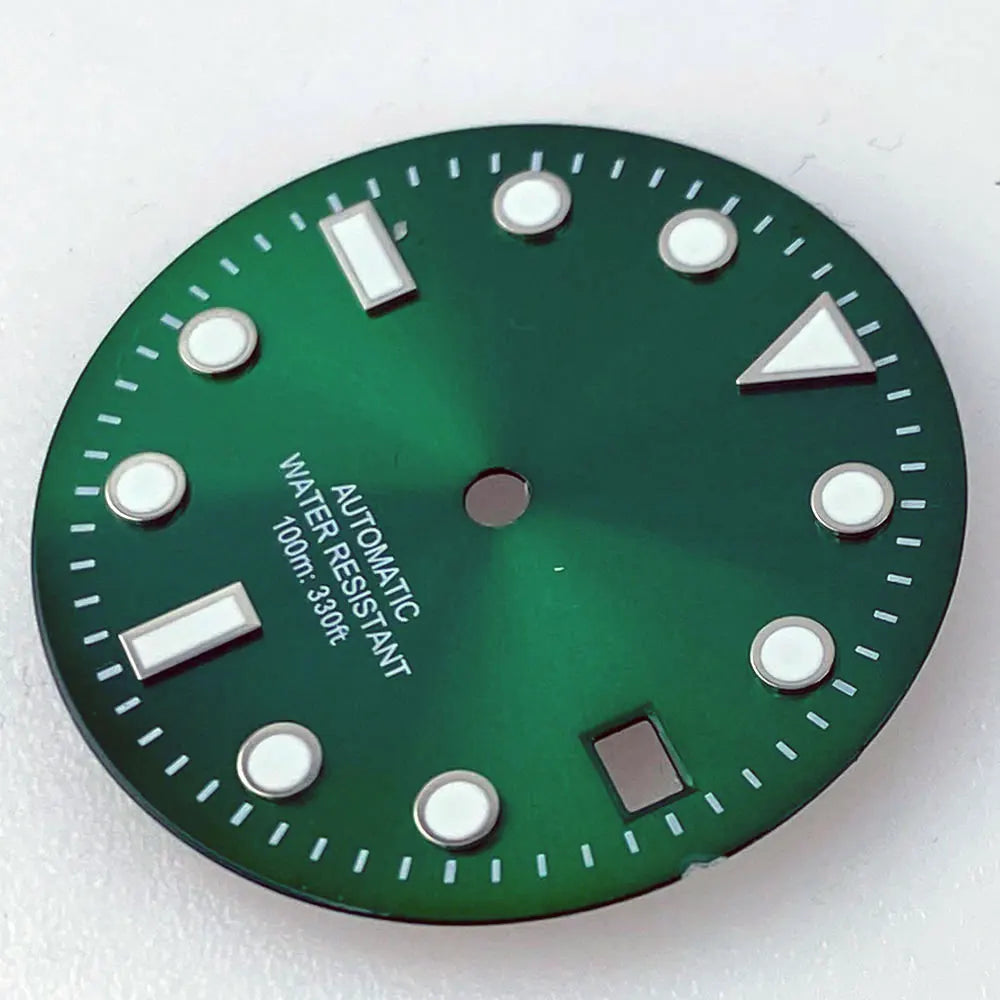 Sterile SUB 29mm sunburst green/blue watch dial with luminous markers for NH35 diver watches.