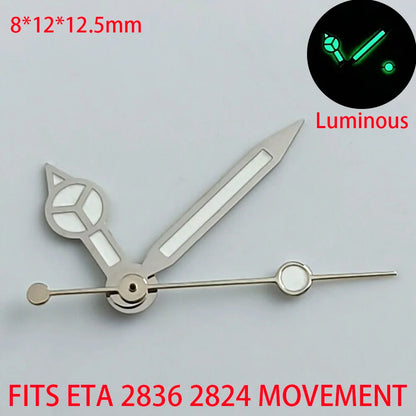 Blue-green luminous watch hands compatible with NH35, NH36, ETA 2836, 2824, Miyota 8205, 8215 movements.
