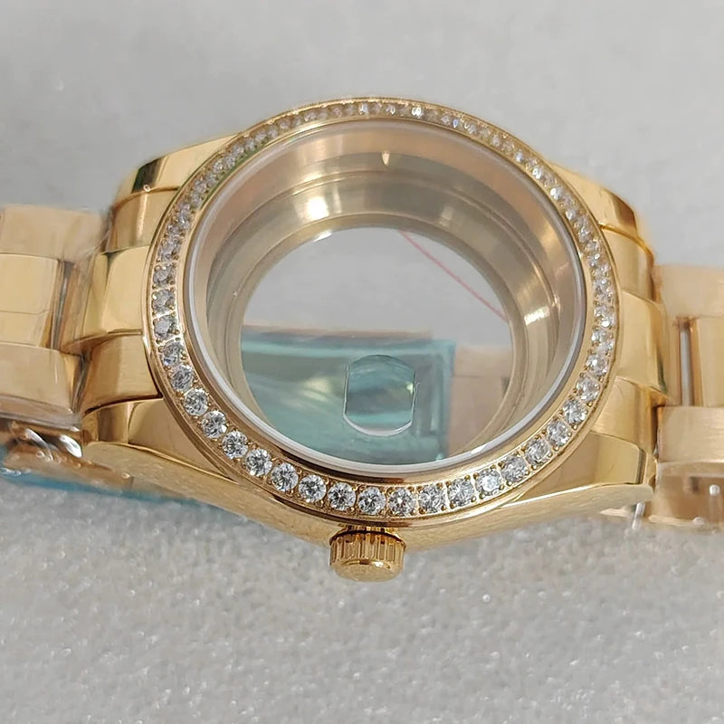 41mm Gold Diamond Inlaid 316L Steel Watch Case+Strap 28.5mm Dial Fit 8285