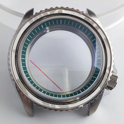 Black matte 41.5mm stainless steel watch case with ceramic bezel, sapphire glass, waterproof, fits NH35 NH36 movements by Case.