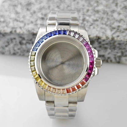 40.5mm Watch Case Strap Set SUB Diamond Studded Rainbow Bezel  for NH35 Movement