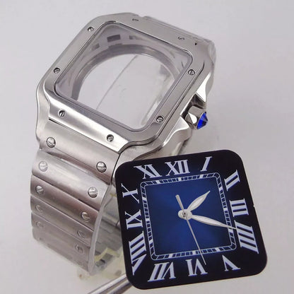 38mm Silver Watch Case Dial set Sapphire Glass Fit NH35 NH36 for Santos Style