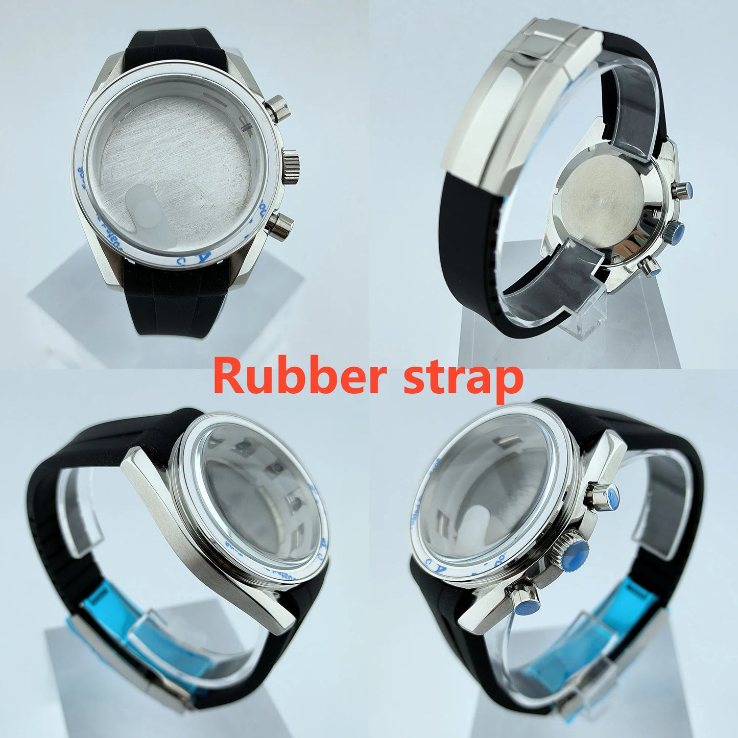 Stainless Steel Watch Case Sapphire Glass Rubber Strap Fit 32.5mm Dial for VK63