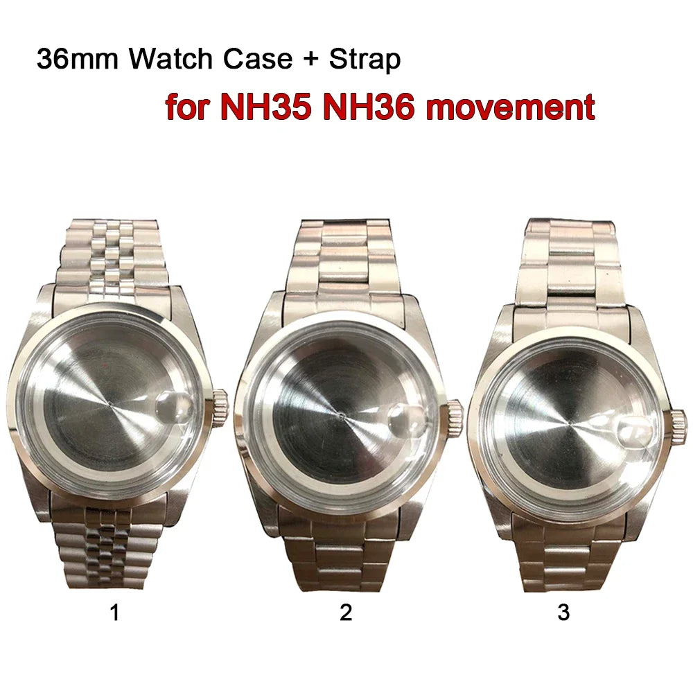 36mm Watch Case+Strap Acrylic Glass Stainless Steel Watchband for NH35/NH36/4R