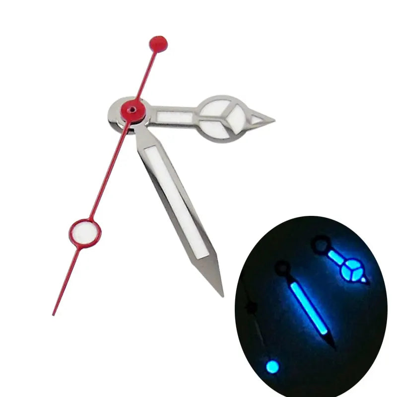 MOD Red Second Silver Watch Hands For NH35 NH36 7S35 4R35 with Blue Green Lume
