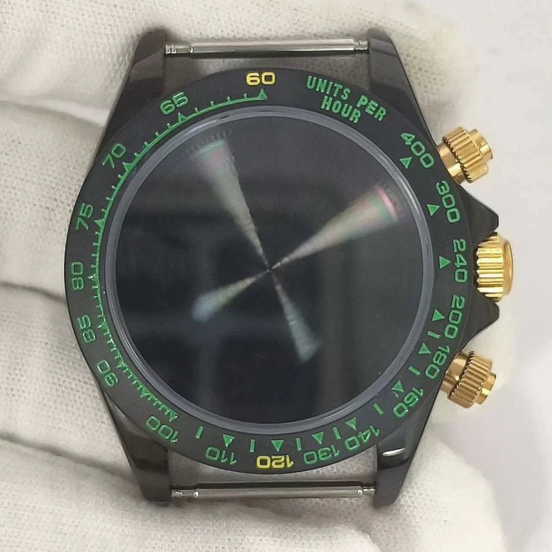 316L Steel 39mm VK63 Gold-Green Watch Case Sapphire Glass Ceramic Bezel Fit VK63