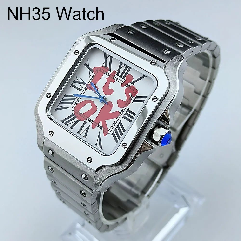 Watch Case with Square Roma Dial Folding Buckle Square Case fit NH35 NH Series