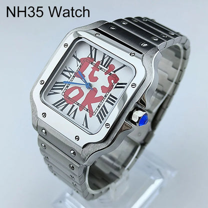 Watch Case with Square Roma Dial Folding Buckle Square Case fit NH35 NH Series