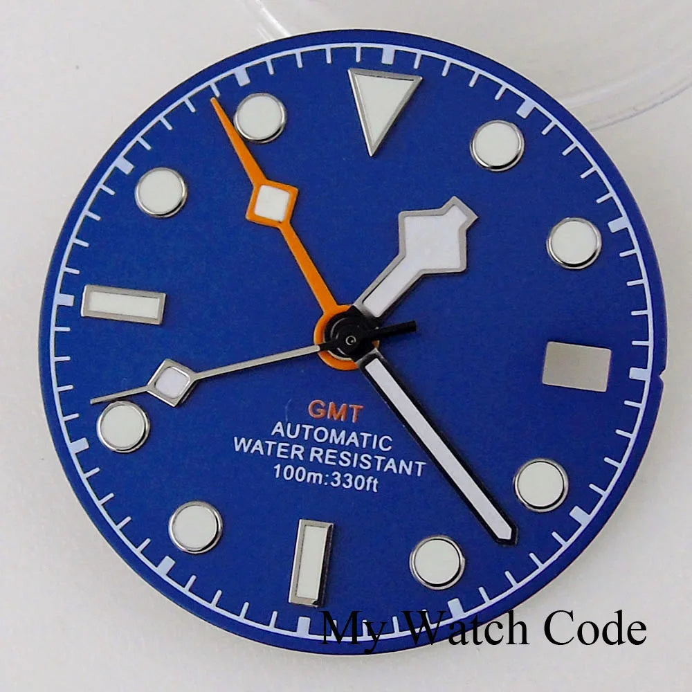 3/3.8 clock Nologo NH34 watch dial, 29mm white and blue steel plate with green luminous snowflake hand for GMT mod