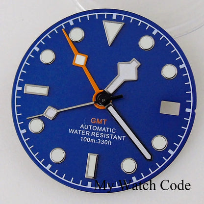 3/3.8 clock Nologo NH34 watch dial, 29mm white and blue steel plate with green luminous snowflake hand for GMT mod