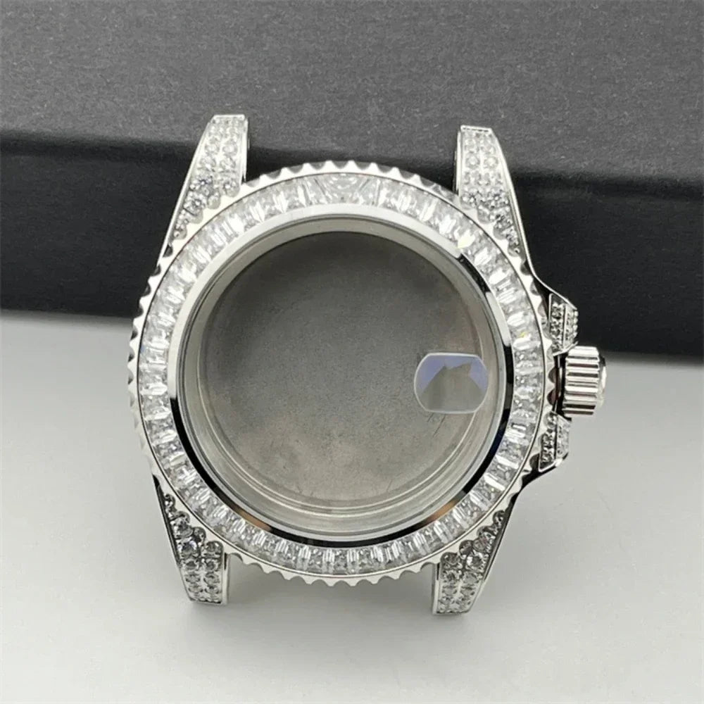 40.5mm Diamond Steel Watch Case with Strap Sapphire Glass for NH34/NH35/NH36