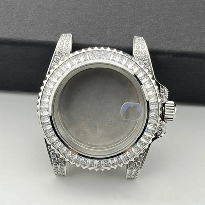 40.5mm Diamond Steel Watch Case with Strap Sapphire Glass for NH34/NH35/NH36