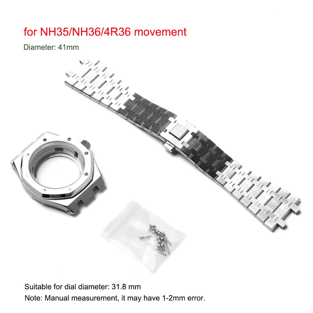 41mm Watch Case Band Set Sapphire Glass Transparent Bottom Strap for NH35 NH36