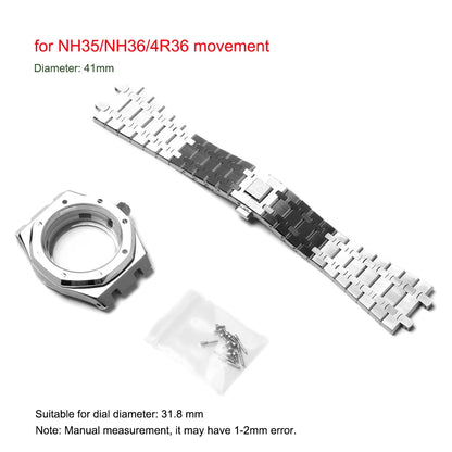 41mm Watch Case Band Set Sapphire Glass Transparent Bottom Strap for NH35 NH36