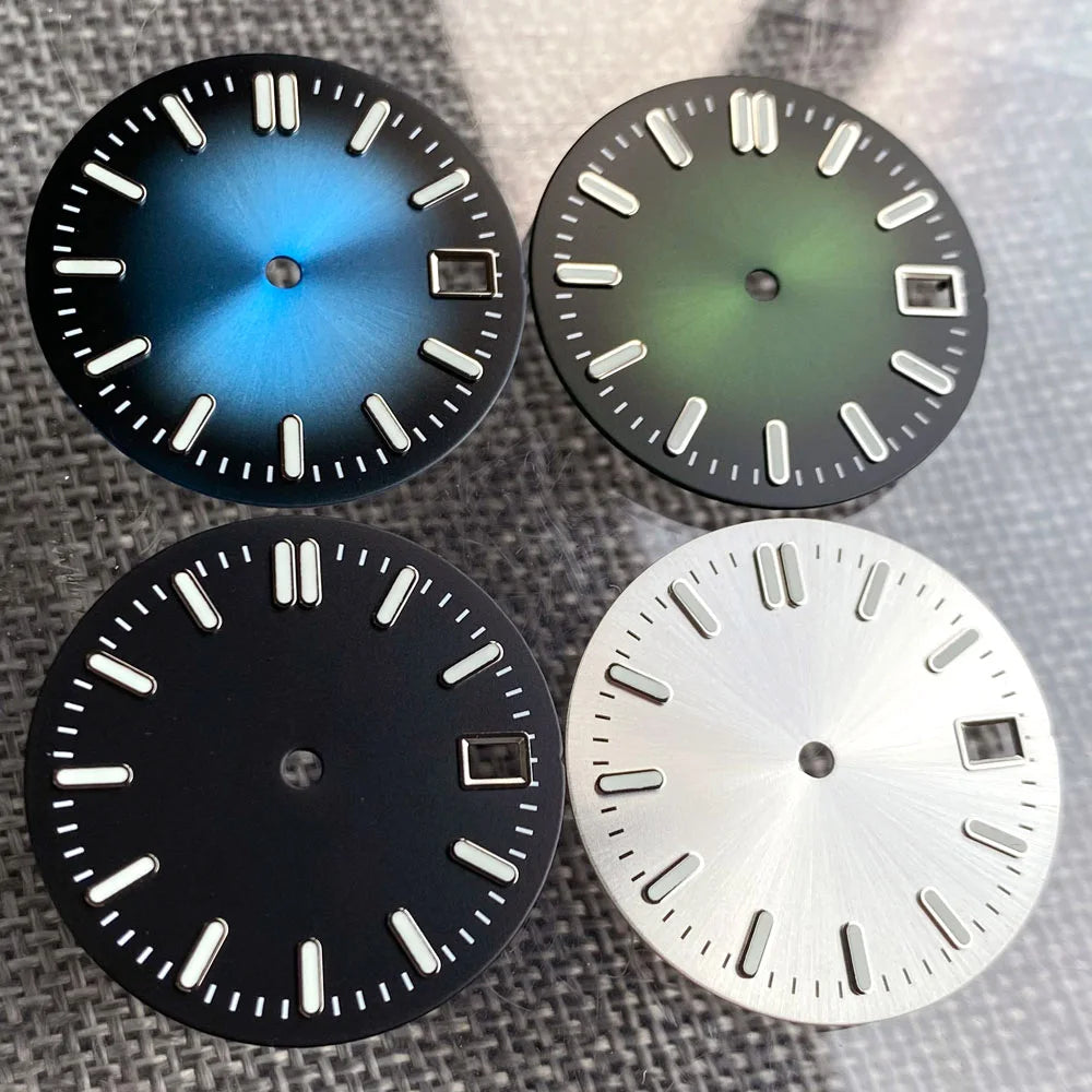 Sterile 29mm Sunray green, blue, grey watch face with silver markers for NH35 NH36 dive pilot watches