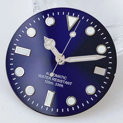 Sterile SUB 29mm sunburst green/blue watch dial with luminous markers for NH35 diver watches.