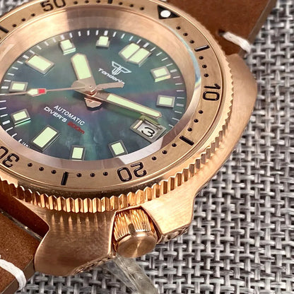 Bronze Watch Case With Green Lume Dial + Hands for NH35 Watch 20ATM Waterproof