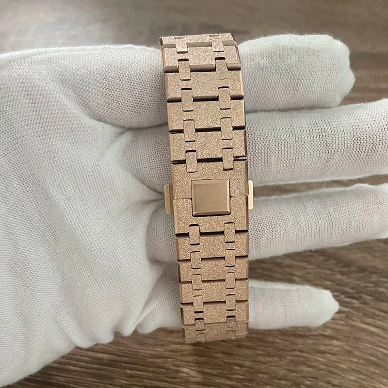 41mm RoseGold Case+Strap Shining Star Sanding Sapphire Crystal For NH35/36/4R/7S