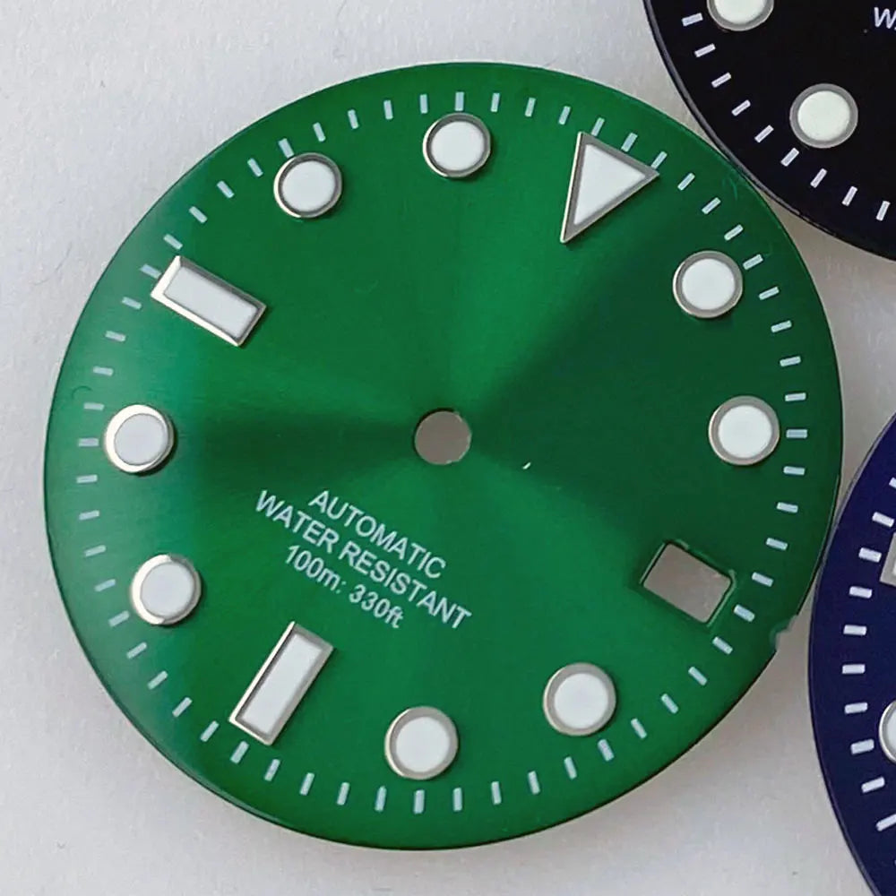 Sterile SUB 29mm sunburst green/blue watch dial with luminous markers for NH35 diver watches.