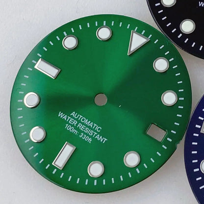 Sterile SUB 29mm sunburst green/blue watch dial with luminous markers for NH35 diver watches.
