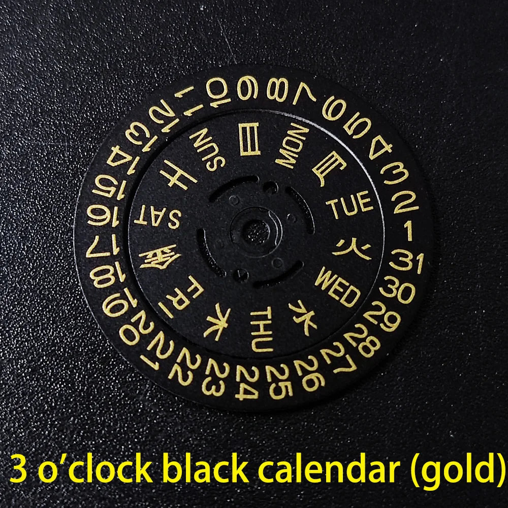 NH36 watch movement with hand-held calendar date disc wheel and day match features.