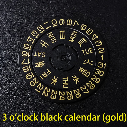 NH36 watch movement with hand-held calendar date disc wheel and day match features.