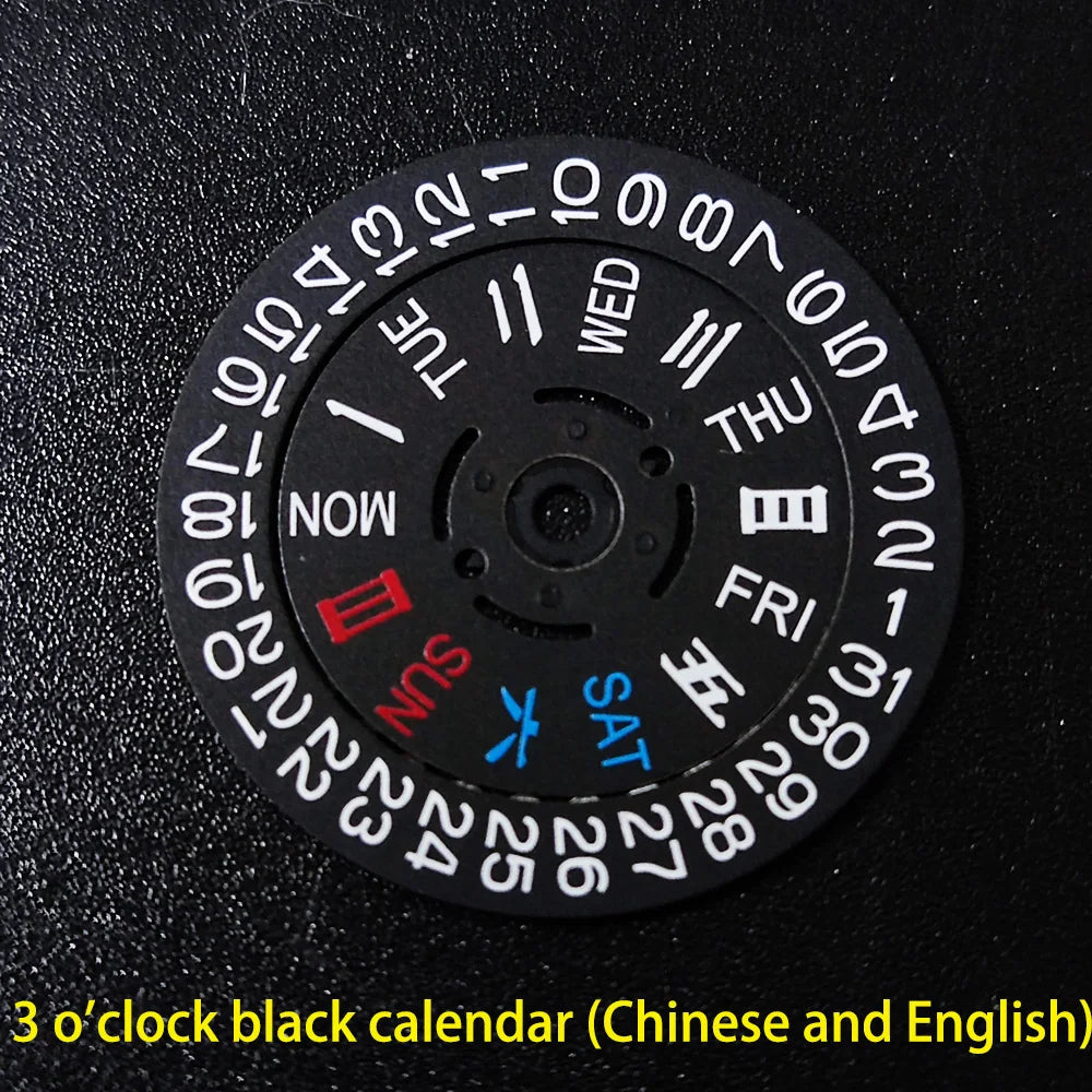 NH36 watch movement with hand-held calendar date disc wheel and day match features.